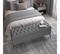 Puf rectangular de almacenamiento otomano de madera maciza con compartimento oculto, banco tapizado de cuero para dormitorio, marrón claro y gris, 100 x 40 x 45 cm, elegante decoración del hogar