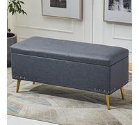 Puf rectangular de piel sintética con almacenamiento, elegante acolchado para sala de estar, dormitorio, entrada, pasillo, color azul gris, 60 x 40 x 45 cm