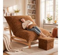 Puf XXL con marco de madera, sillón relax con taburete y cojín | Diseño 3 en 1, ergonómico, comodidad de 135°, estable hasta 180 kg, tela de pana alternativa para el salón