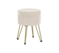 SONGMICS Puff Almacenaje, Baul Almacenaje, Banco Almacenaje Redondo, Taburete de Tocador de Terciopelo, 39 x 44,4 cm, 4 Patas de Metal, Asiento Acolchado, Blanco Crema LOM003W01