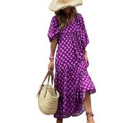 Puff Sleeve Floral Boho Maxi Dresses for Women Summer, V Neck Beach Vacation Flowy Swing Casual Long Dress. (D,M)