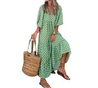 Puff Sleeve Floral Boho Maxi Dresses for Women Summer, V Neck Beach Vacation Flowy Swing Casual Long Dress. (F,XL)