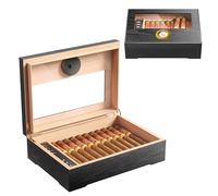 Puffaland Caja humidora de cigarros de madera de cedro, caja de regalo con tapa de cristal, higrómetro digital y humidificador para 20-25 puros
