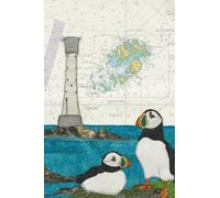 Puffins at Bishops Rock lighthouse Isles of Scilly A6 pocket notebook journal - coastal nautical designs sewn onto old sea charts maps | 120 lined pages