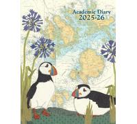 Puffins at Scilly A4 academic mid year diary planner 2025/26 - coastal nautical designs sewn onto old sea charts maps