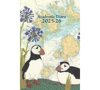 Puffins at Scilly A5 academic mid year diary planner 2025/26 - coastal nautical designs sewn onto old sea charts maps