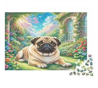 Pug 1000Pc Puzzle for Adults Pug in Flower Garden for The Whole Family Women, Gifts for Men 38x26cm/1000pcs