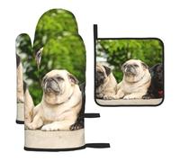 Pug Amistad Bokeh Perros Mascotas Amigos Pug, Guantes de Cocina Resistentes al Calor, Manoplas de Horno y Agarraderas (3 Piezas)
