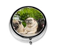 Pug Amistad Bokeh Perros Mascotas Amigos Pug, Pastillero, Pastillero redondo Pequeño contenedor de pastillas Organizador de pastillas de viaje