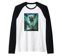 Pug Aurora Borealis Northern Lights Dog Moon Forest Camiseta Manga Raglan