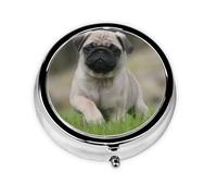 Pug Bokeh Cachorro Perros Césped Mascotas Pug, Pastillero, Pastillero redondo Pequeño contenedor de pastillas Organizador de pastillas de viaje