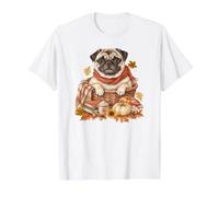 Pug Calabazas, Libros y Hojas de Perro Camiseta gráfica económica, Hombre, Blanco, S