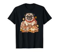 Pug Calabazas, Libros y Hojas de Perro Camiseta gráfica económica, Hombre, Negro, XL