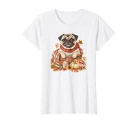 Pug Calabazas, Libros y Hojas de Perro Camiseta gráfica económica, Mujer, Blanco, XS