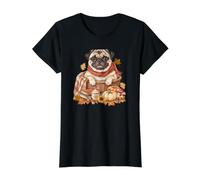 Pug Calabazas, Libros y Hojas de Perro Camiseta gráfica económica, Mujer, Negro, M