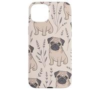 Pug Ilustración Lindo Floral Beige Carcasa para iPhone 15 Plus