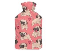 Pug Love Kiss - Botella de agua de goma con cubierta de felpa suave, bolsa de agua caliente para invierno, manos y pies, protección contra el frío, 1000 ml