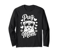 Pug Mom, Lindo Cachorro con Gafas de Sol con Corazones y Huellas Manga Larga