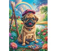 Pug Pintor en el jardín de Flores Puzzles 300 Piezas Moderno Minimalista Mitos fantásticoss Rompecabezas Familiar para Adultos 3D Maquetas Construir Aliviar Estrés Decorativo 300 PCS