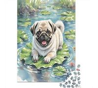 Pug Puppy en Lily Pad Rompecabezas 1000 Piezas Juego Familiar Desafío Imposible Papel DIY Adultos Regalo Mujer 70x50cm/1000pcs
