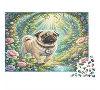 Pug Puzzle for Adults & Age 14 Up Pug in Floral Path Fun Present & Activity for Home Gift 52x38cm/1000pcs