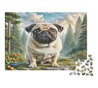 Pug Rompecabezas de Papel Reciclado Pug en Bosque con Bayas, Actividad Familiar Interactiva 38x26cm/1000 Piezas