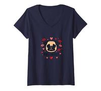 Pugs & Kisses: Adorable Regalo romántico de San Valentín para Amantes de los Perros Camiseta Cuello V, Mujer, Azul Marino, S