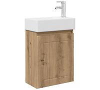 PUGYNBK Mueble Baño Roble Artisan 45,5 x 25,5 x 84 cm | Lavabo Cerámica Blanco, Grifo Mezclador Agua Fría Caliente, Montaje Pared, Desagüe Desbordamiento