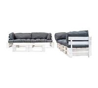 PUGYNBK Set Muebles De Palets Jardin 6 Piezas Cojines Grises Madera Pino | 4 Sofas 2 Plazas, 2 Mesas Centro, Cojines Extraibles, Facil Montaje, Resistente Intemperie