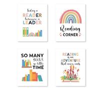 PUHEI Juego de 4 impresiones artísticas de pared para esquina de lectura, rincón de lectura motivacional, decoración para biblioteca, aula, sala de juegos, impresiones inspiradoras de póster de