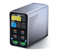 Puiseno Cargador USB C de 165 W, 6 puertos para portátil (4 C + 2 A), pantalla LCD GaN, cargador rápido de 140 W, compatible con MacBook Pro/Air, iPhone 17/16/15, Galaxy S25, etc