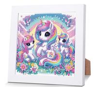 Pujeknm Pintura de Diamantes de Unicornio para Niños con Marco de Madera, Juego Completo de Pintura de Diamantes con Imágenes de Animales para Niños, Pintura de Diamantes 5D para Niñas, DIY Creación