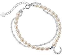 PUJIANA Pulsera De Tobillo Delicada - Pulsera De Cadena De Luna De Perlas De Agua Dulce De Doble Capa De Plata De Ley 925 for Mujer Joyería del Día De San Valentín
