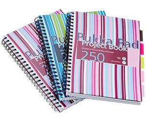 Pukka Pad - Cuaderno de espiral doble de tapa dura (3 unidades, A4, 250 hojas microperforadas, 80 g/m², raya de 8 mm, incluye separadores), diseño de rayas, color rosa y azul