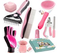 Pukpu Kit de Aseo para Mascotas 9 Piezas Rosa - Cepillo Gato Pelo Corto, Deslanador Perros, Guante Quitapelos, Limpia Patas, Cortaúñas Gato, Peine y Cepillo Dental