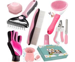 Pukpu Kit de Aseo para Mascotas 9 Piezas Rosa - Cepillo Gato Pelo Corto, Deslanador Perros, Guante Quitapelos, Limpia Patas, Cortaúñas Gato, Peine y Cepillo Dental