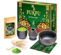 PUKPU Kit Te Matcha - Incluye Batidor de Bambú y Soporte, Cuchara, Te Matcha en Polvo, Cuenco y Taza - Set Te Macha Completo con Caja Decorativa y Guía Incluída