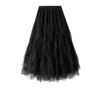 Pulcykp Falda larga de tul para mujer, diseño de moda, línea A, cintura alta, plisada, longitud al tobillo, falda de malla tutú, Negro, Talla única