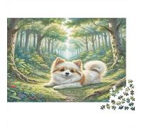 Puli Rompecabezas DIY de Papel Premium Pomeranian en Claro de Bosque con Rayos de Sol, Alivio Decorativo del estrés 38x26cm/1000 Piezas