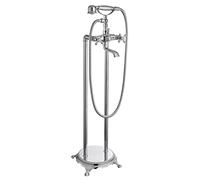 Pulido Cromo Libre de Pie Bañera Grifo Mezcladora para Bañera de Montaje en el Suelo con Manguera Ducha Teléfono Forma Doble Cruz Perillas Baño
