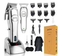 PULIS Cortapelos para hombre, con batería, kit de cortapelos con cuchilla en T, recortadora de barba, profesional, base USB recargable, color plateado y blanco