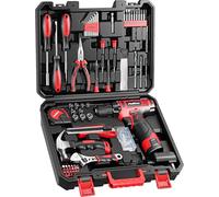 PULITUO Juego de 149 piezas de taladro para el hogar con taladro inalámbrico rojo de 12 V, herramientas de mano, caja de herramientas para mujeres, hombres, entusiastas del bricolaje para mejoras del