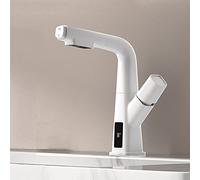 Pull out Bathroom Faucet, Temperature Display Basin Mixer taps with Single Lever Handle, bathoom Sink Tap Mixers Brass, Basin Mixer Tap Hot and Cold Water Sink taps,White