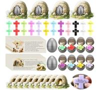 PullCrease 24 juegos de cestas cristianas de Pascua, huevos a granel, tarjetas de historia de la Biblia, cruz de estrés, piedra y él ha levantado, tarjetas religiosas de escuela dominical