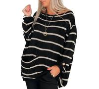 Pullover Sweaters for Women Crew Neck Long Sleeve Contrast Stripe Pocket (Black,XL)