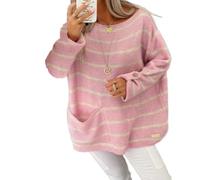 Pullover Sweaters for Women Crew Neck Long Sleeve Contrast Stripe Pocket (Pink,XL)