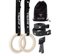 PULLUP & DIP Anillos de Gimnasia de Madera, Anillos Olímpico para Calistenia - Correas Anchas de Sujeción con Marcas + Anclajes de Puerta + Bolsa de Transporte + Guía de Entrenamiento
