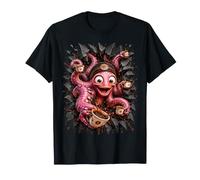 Pulpo cafetero Rosa tentáculos alegres Efecto Pared Rota 3D Camiseta