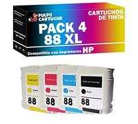 Pulpo Cartucho - Cartucho de Tinta 88 XL Pack 4 Compatible con HP 88 XL/Ref. 88XL - Pack 4 - XL - Alta Capacidad - Remanufacturado - Valido para Impresoras Officejet Pro K/Officejet Pro L