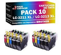 Pulpo Cartucho - Pack 10 Cartuchos de Tinta LC-3211 XL/LC-3213 XL CMYK Compatible con Brother Ref. LC3211 XL / LC3213 XL - Valido para DCP J497, J572, J772, J774 / MFC J491, J497, J890, J895